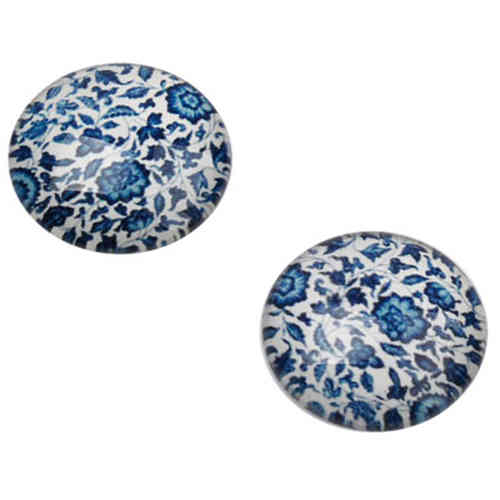 Cabochon round 18mm - White with blue flowerprint